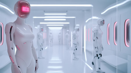 A futuristic robot with glowing eyes in a white room, AIの素材
