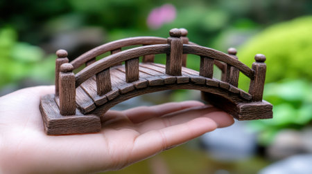 A miniature bridge in a persons hand with flowers and trees, AIの素材
