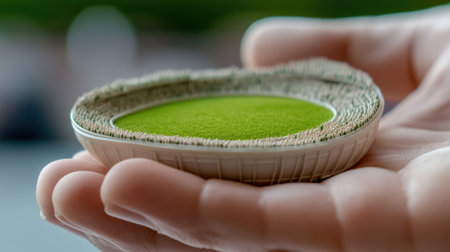 A person holding a small bowl of green grass in their hand, AIの素材
