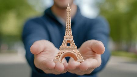 A man holding a miniature eiffel tower in his hands, AIの素材