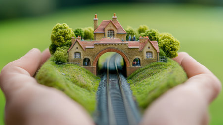 A person holding a miniature train set with a small house on top, AIの素材