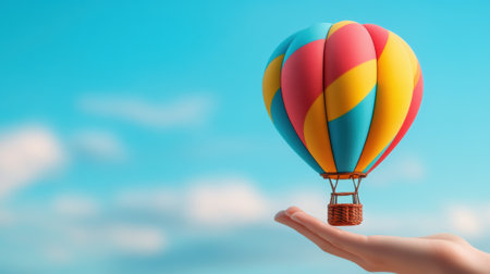 A hand holding a colorful hot air balloon in the sky, AIの素材