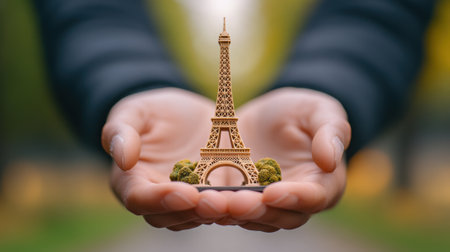 A person holding a miniature eiffel tower in their hands, AIの素材