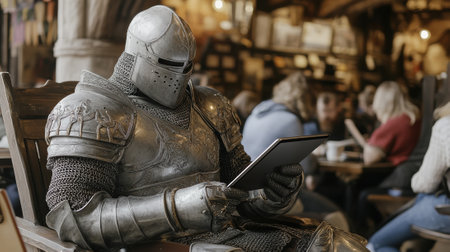 A man in armor sitting at a table with an tablet computer, AIの素材
