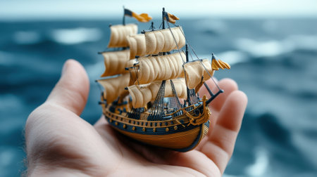 A person holding a small model of an old sailing ship, AIの素材