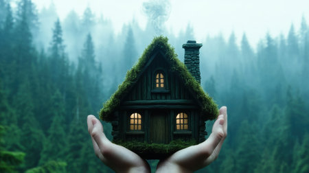 A person holding a house in their hands with moss growing out of it, AIの素材