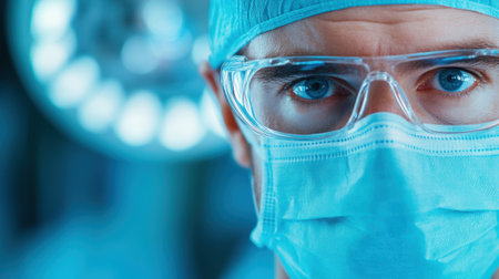 A man in surgical scrubs with a mask and glasses, AIの素材