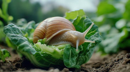 A snail is on a leaf of lettuce in the dirt, AIの素材