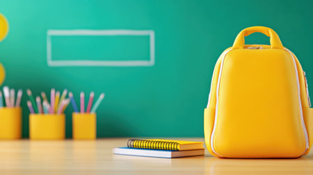 A yellow backpack sitting on a table next to some pencils, AIの素材