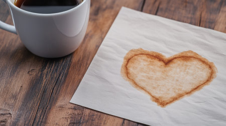 A cup of coffee and a heart shaped paper on the table, AIの素材