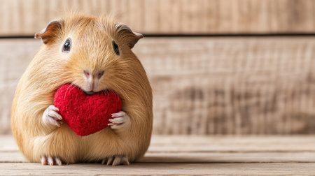 A small brown and white guinea pig holding a red heart shaped object, AIの素材
