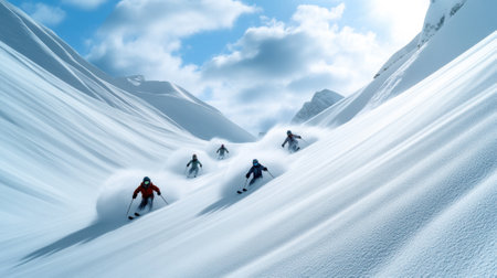 A group of people skiing down a snowy mountain slope, AIの素材
