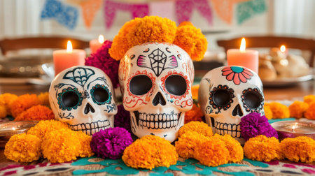 Three skulls are sitting on a table with flowers and candles, AIの素材