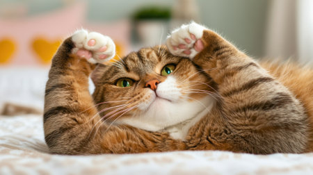 A cat laying on a bed with its paws up in the air, AIの素材