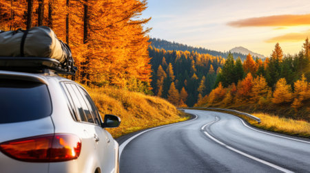 A car driving down a road with trees in the background, AIの素材