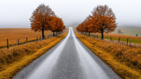 A road with trees on both sides of it in a field, AIの素材