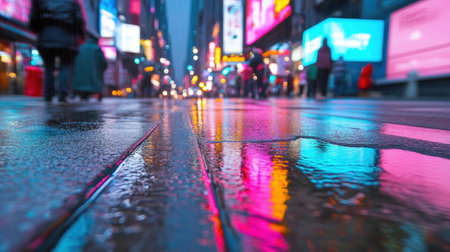 A wet sidewalk with neon lights on the buildings and people walking, AIの素材