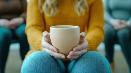 A woman holding a cup of coffee in her hands, AIの素材