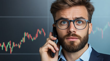 A man with glasses talking on a cell phone in front of stock charts, AIの素材