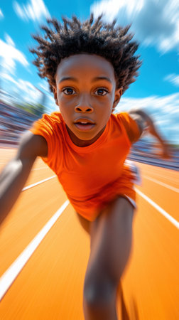 A young boy running on a track with his arms outstretched, AIの素材