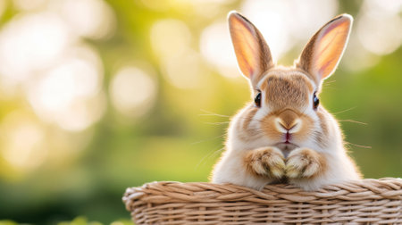 A rabbit sitting in a basket with its paws up, AIの素材