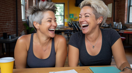 Two women sitting at a table laughing and smiling, AIの素材