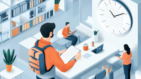 A group of people are working in a library with books and computers, AIの素材