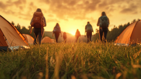 A group of people walking through a field with tents in the background, AIの素材