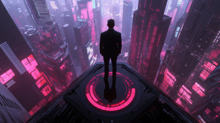 A man standing on a platform in front of city lights, AIの素材