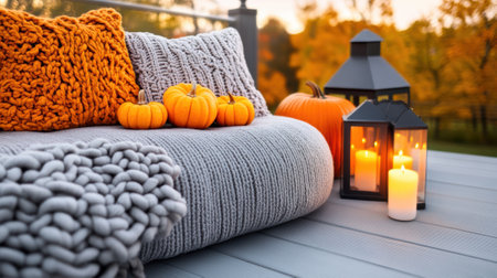 A deck with a gray blanket and pumpkins on it, AIの素材