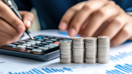 A person is using a calculator and coins on top of it, AIの素材