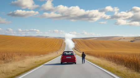 A person standing on a road next to car with smoke coming out of it, AIの素材