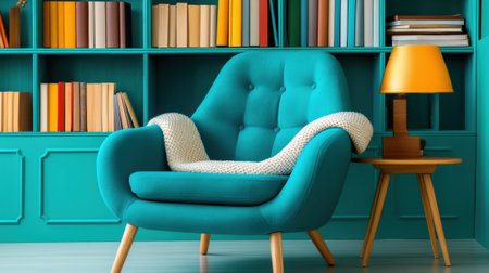 A blue chair with a lamp on it in front of bookshelves, AIの素材