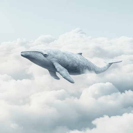 A whale is floating in the clouds with a blue sky, AIの素材