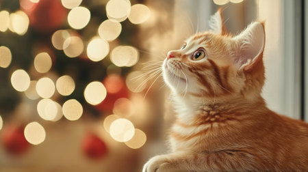 A cat looking up at a christmas tree in the background, AIの素材