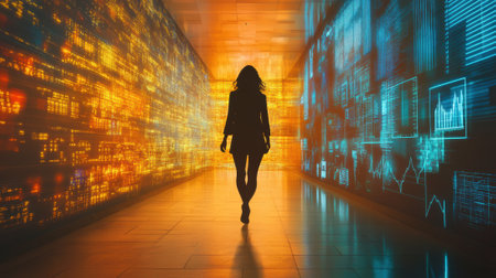 A woman walking down a hallway with glowing lights on the wall, AIの素材