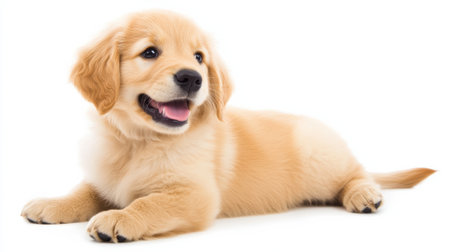 A puppy laying down on a white background with its tongue out, AIの素材