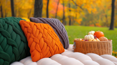 A basket of pillows and a blanket on the ground with pumpkins, AIの素材
