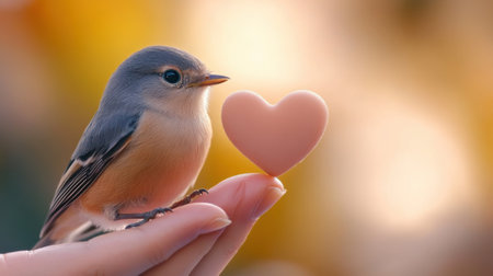 A small bird sitting on a persons hand with heart shaped object, AIの素材