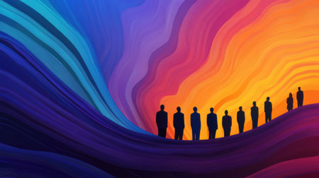 A group of people standing in front of a colorful wave, AIの素材