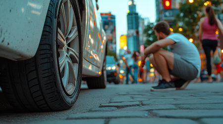 A man squatting down on the street next to a car, AIの素材