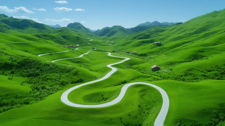 A winding road through green hills with a small village in the distance, AIの素材