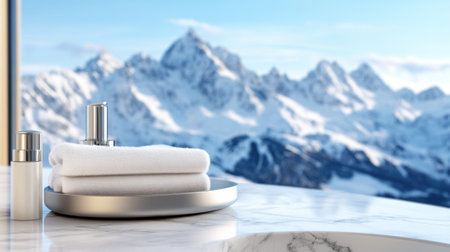 A bathroom with a mountain view and two white towels, AIの素材