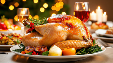 A large roasted turkey on a white plate with other food, AIの素材