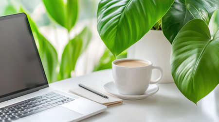 A laptop computer, cup of coffee and plant on a table, AIの素材
