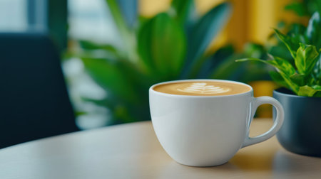 A cup of coffee on a table next to a plant, AIの素材