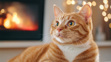 A cat sitting on a table in front of the fireplace, AIの素材