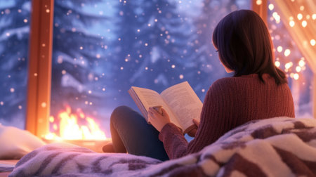 A woman sitting on a bed reading an open book, AIの素材
