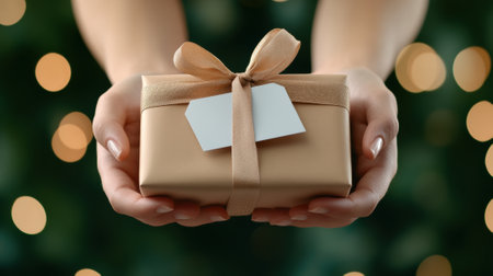 A person holding a gift wrapped in brown paper with white tag, AIの素材