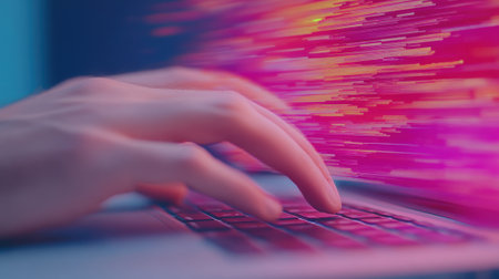 A person typing on a laptop keyboard with their hands, AIの素材